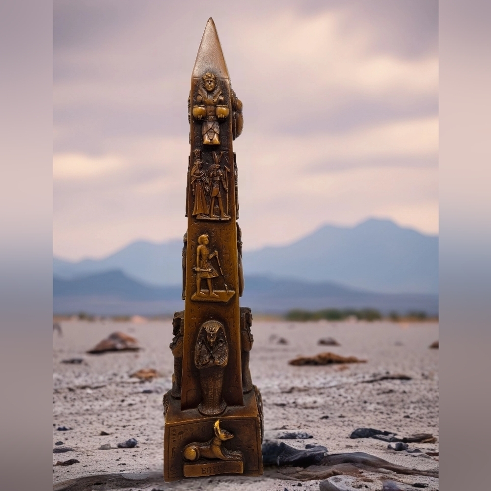 Replica Of Obelisk Pharaoh Egyptian Motifs Hieroglyphics Brown Made Of Resin